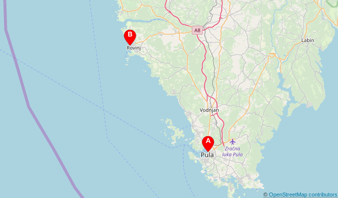 Map of ferry route between Pula and Rovinj